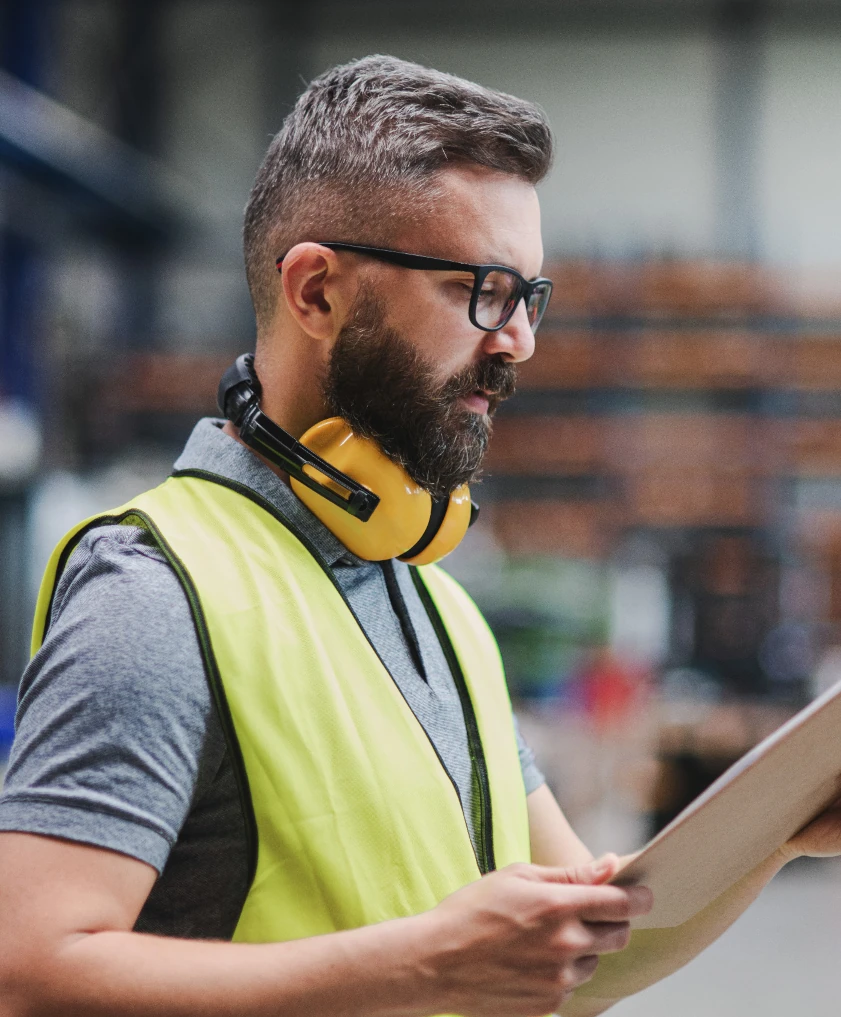 Ein Lagerarbeiter mit Warnweste prüft Unterlagen in einem modernen Logistikzentrum.